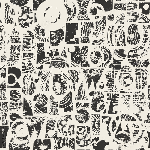 Abstract vector seamless pattern with font consisting of geometric shapes with texture, shells on the theme of paleontology. Fabric, textile, t-shirt design, tiles, wallpaper, wrapping paper. No AI 