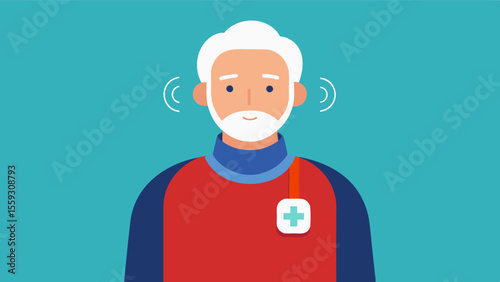 An elderly man wearing a fall detection device around his neck that automatically alerts emergency services in case of a fall.. Vector illustration