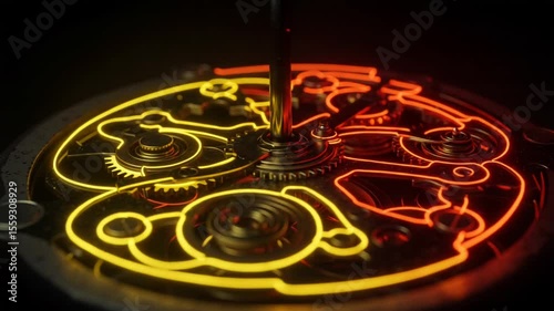 Intricate watch mechanism with glowing gears and details