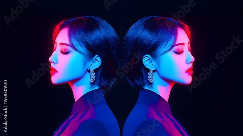 Neon-lit twin women, profile, studio, dark background, fashion
