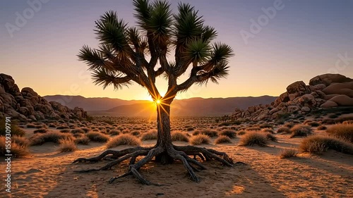 Joshua Tree at Sunset with Desert Landscape Background