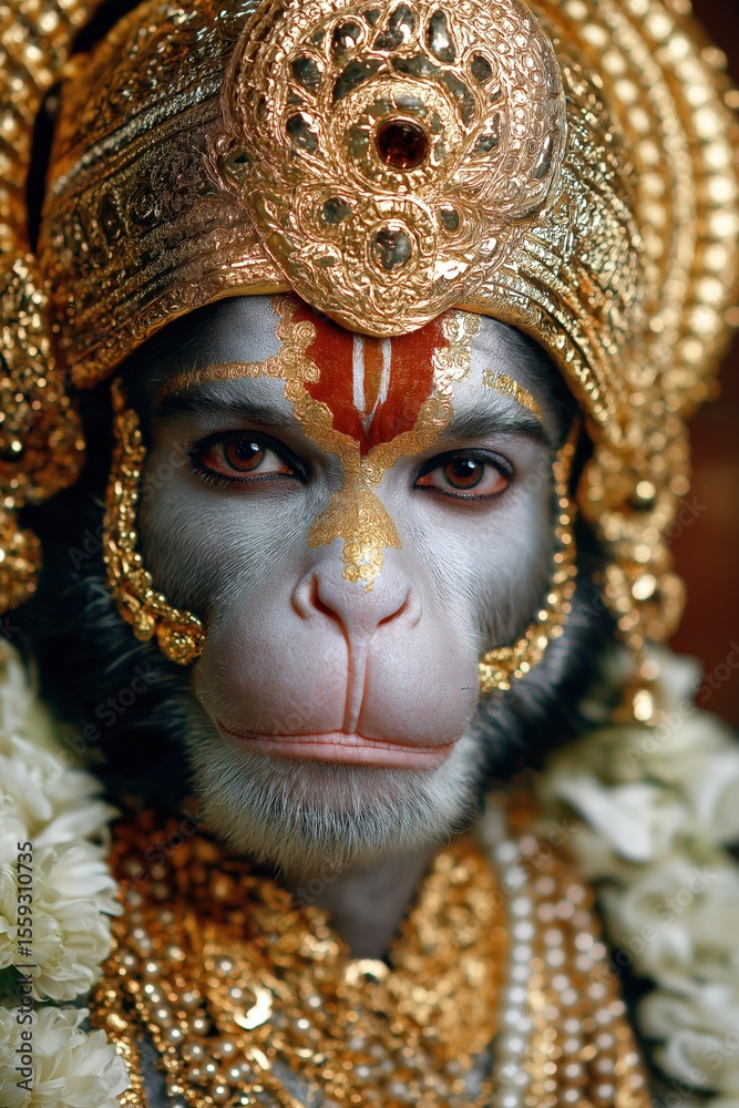 Traditional indian costume of hanuman with gold and floral details Traditional indian costume of hanuman with gold and floral details