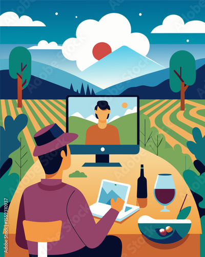 The nomad takes advantage of the vineyards highspeed internet to video conference with colleagues while soaking in the peaceful surroundings.. Vector illustration