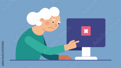 An elderly person frantically clicking on the screen not understanding the concept of doubleclicking causing an error to occur.. Vector illustration