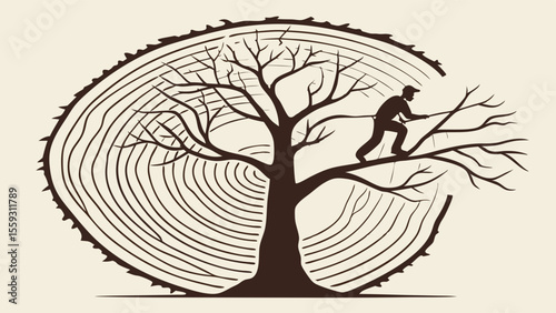 Arborist Pruning a Bare Tree Silhouette with Tree Ring Background.