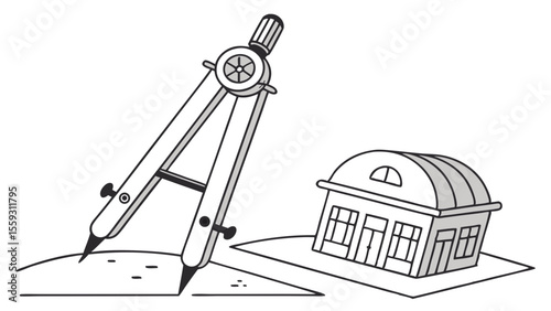 Architectural Drawing Compass and House Design Sketch.