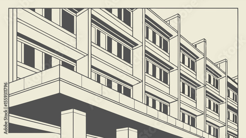 Architectural Line Drawing of Modern Apartment Building Facade.