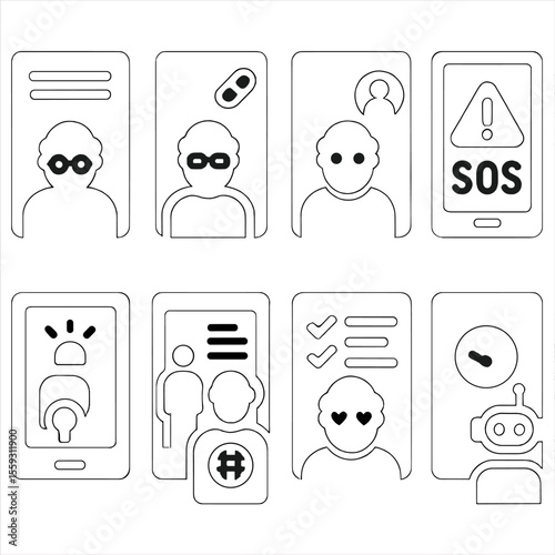 Smart Mirror Icons. Solid style icons of smart mirror for seniors: large text layout, medication reminder alert, family call