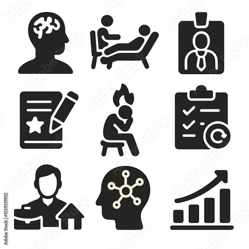 Therapy Tools Icons. Solid style icons of therapy and coaching tools: mental coach icon, talk therapy session, workplace therapist