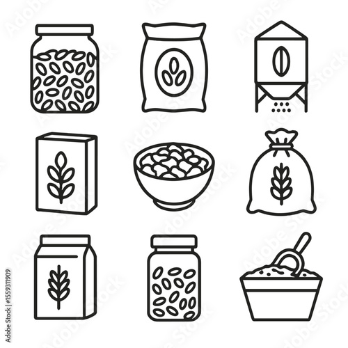 Cereal Grain Icons. Line style icons of cereal grains in containers: jar of rice, bag of oats, silo with grain, cereal box, bowl