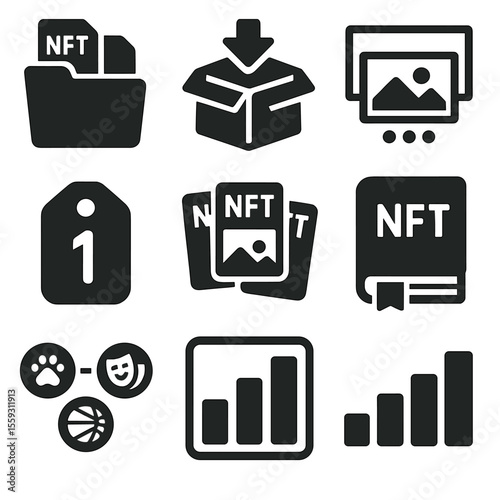 NFT Icon Collection. Solid style icons of NFT bundles and collections: folder with NFTs, bundled drop box, curated set icon,