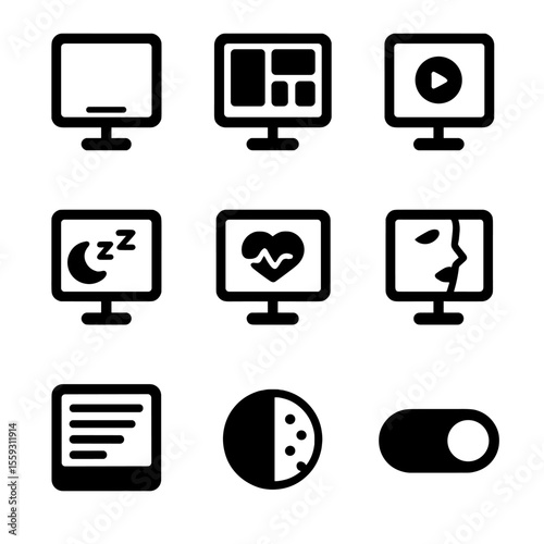 Mirror Display Modes Icons. Solid style icons of mirror display modes: minimal UI mode, productivity screen, entertainment view,