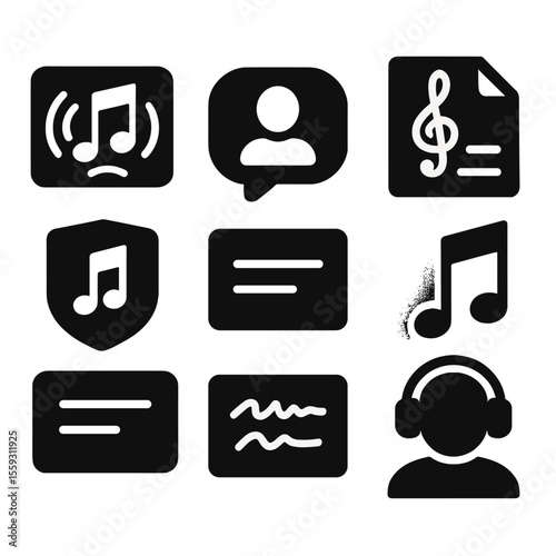 Podcast Icons Collection. Solid style icons of podcast intro and outro: intro jingle wave, welcome message icon, intro script note
