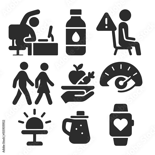 Healthy Work Icons. Solid style icons of healthy work habits: stretch at desk icon, hydration reminder, posture alert symbol, eye