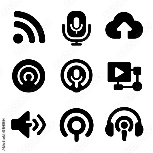 Podcast Icons Collection. Solid style icons of podcast distribution: RSS feed icon, streaming platform badge, upload cloud icon,