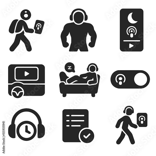 Podcast Listening Habits. Solid style icons of listener habits: morning commute podcast, gym headphones icon, bedtime podcast