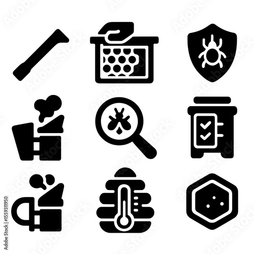 Beehive Maintenance Icons. Solid style icons of beehive maintenance: hive inspection tool, honey frame pull, wax scraper icon,