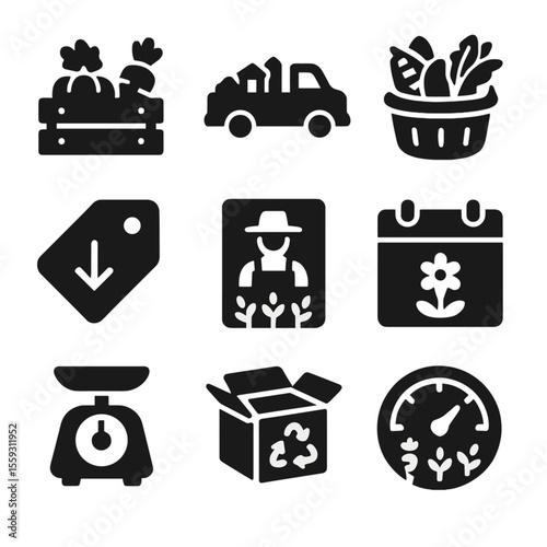 Farm-to-Table Icons. Solid style icons of farm-to-table system: crate of produce, local farm truck, harvest basket icon, direct