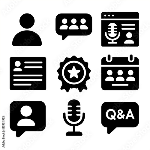 Podcast Community Icons. Solid style icons of podcast community building: listener avatar icon, fan group chat, podcast forum icon