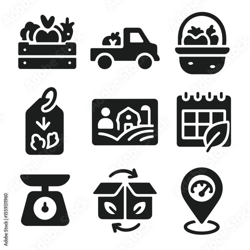 Farm-to-Table Icons. Solid style icons of farm-to-table system: crate of produce, local farm truck, harvest basket icon, direct