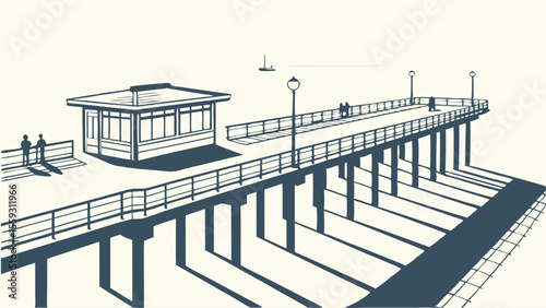 Coastal Pier with Pavilion and Strolling Figures.