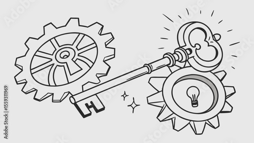 Conceptual Illustration of Key Gears and Lightbulb Idea.
