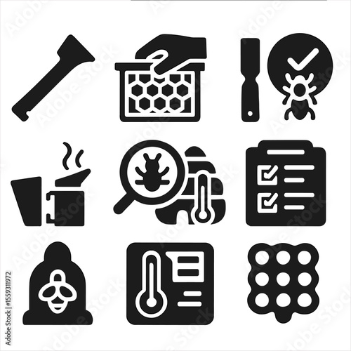 Beehive Maintenance Icons. Solid style icons of beehive maintenance: hive inspection tool, honey frame pull, wax scraper icon,