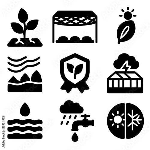 Climate Resilient Farming Icons. Solid style icons of climate-resilient farming: drought-tolerant plant, shade net structure,