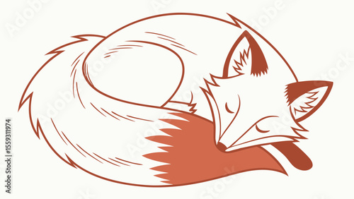 Curled Sleeping Fox Line Art Illustration.