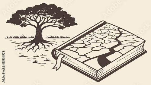 Cracked Book and Lush Tree Illustrating Environmental Crisis.