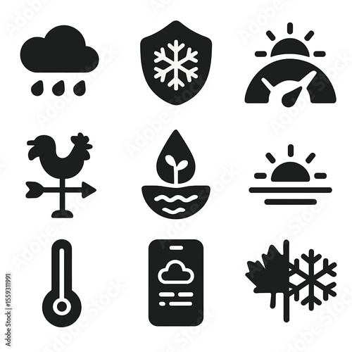 Weather Tracking Icons. Solid style icons of weather tracking for gardens: rain forecast icon, frost alert badge, UV index meter,