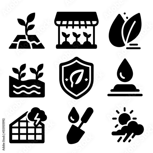 Climate Resilient Farming Icons. Solid style icons of climate-resilient farming: drought-tolerant plant, shade net structure,