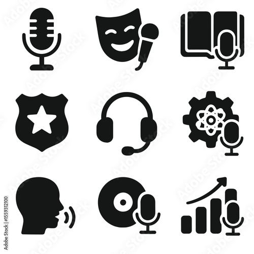 Podcast Genre Icons. Solid style icons of podcast genres: news microphone icon, comedy mask with mic, storytelling book icon, true