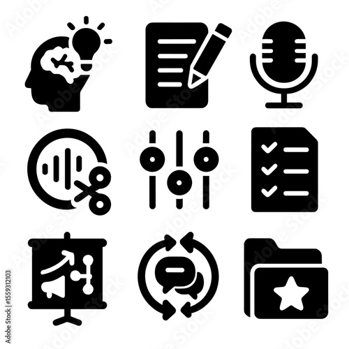 Podcast Workflow Icons. Solid style icons of podcast workflow stages: idea brainstorm icon, script writing pad, recording in