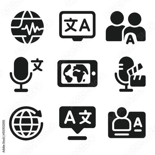 Multilingual Podcast Icons. Solid style icons of multilingual podcasting: globe with waveform icon, subtitle translation badge,