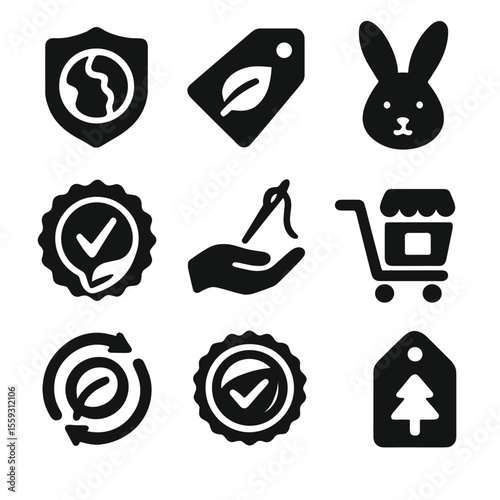 Ethical Shopping Icons. Solid style icons of ethical shopping practices: fair trade badge, eco-label tag, cruelty-free symbol,