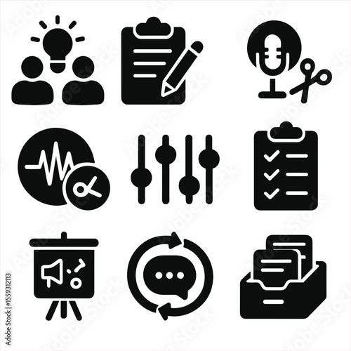 Podcast Workflow Icons. Solid style icons of podcast workflow stages: idea brainstorm icon, script writing pad, recording in