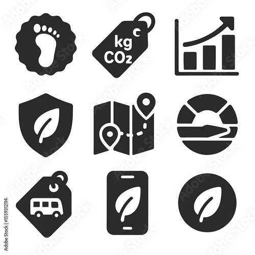 Carbon Footprint Icons. Solid style icons of carbon footprint transparency: footprint label icon, kg CO2e tag, carbon cost chart,