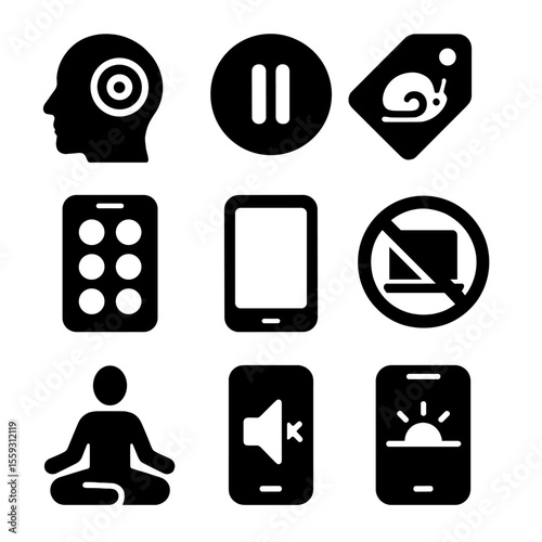 Mindful Tech Icons. Solid style icons of mindful tech use strategies: single-focus mode icon, pause notification badge, slow tech