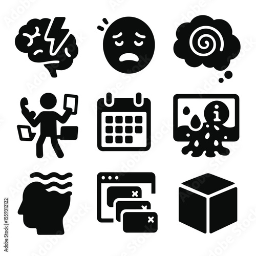 Cognitive Overload Icons. Solid style icons of cognitive overload symptoms: brain with lightning bolt, overwhelmed face icon,