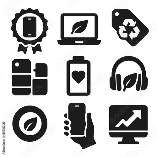 Ethical Tech Icons. Solid style icons of ethical tech shopping: refurbished device badge, energy-efficient laptop icon, e-waste