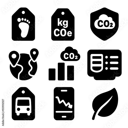Carbon Footprint Icons. Solid style icons of carbon footprint transparency: footprint label icon, kg CO2e tag, carbon cost chart,