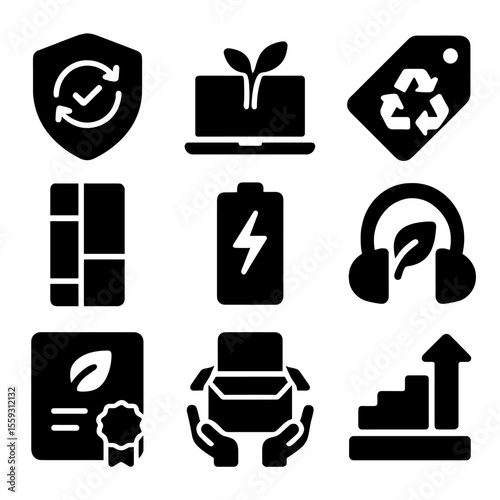 Ethical Tech Icons. Solid style icons of ethical tech shopping: refurbished device badge, energy-efficient laptop icon, e-waste