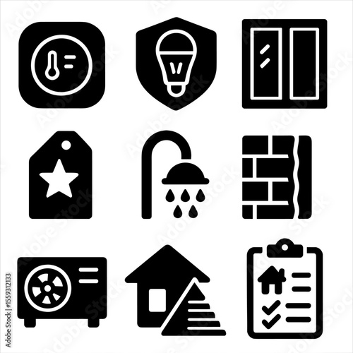 Household Energy Icons. Solid style icons of household energy efficiency: smart thermostat icon, LED bulb badge, double-glazed