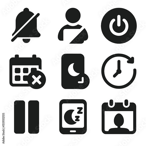 Icons of Breaks. Solid style icons of boundaries and intentional breaks: stop notification icon, away from screen tag, off switch