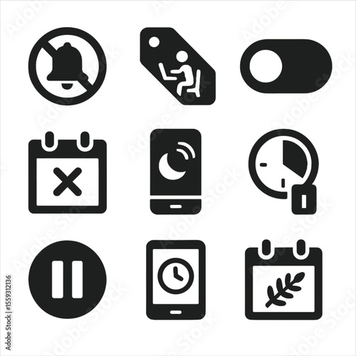 Icons of Breaks. Solid style icons of boundaries and intentional breaks: stop notification icon, away from screen tag, off switch