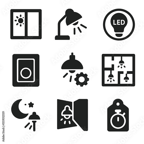 Lighting Optimization Icons. Solid style icons of lighting optimization: daylight window icon, task lighting symbol, LED bulb