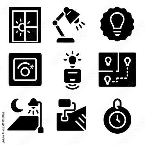 Lighting Optimization Icons. Solid style icons of lighting optimization: daylight window icon, task lighting symbol, LED bulb