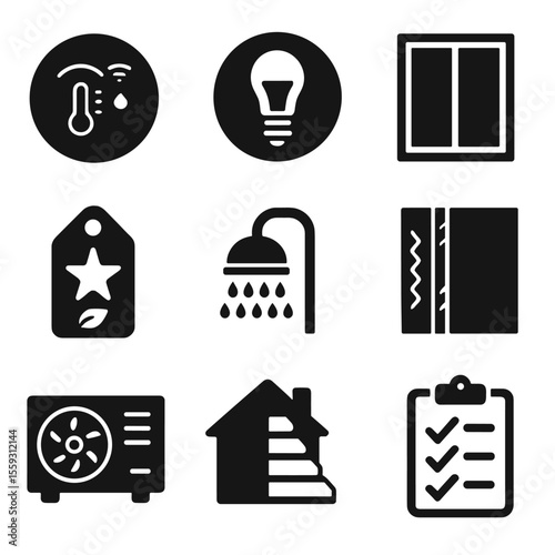 Household Energy Icons. Solid style icons of household energy efficiency: smart thermostat icon, LED bulb badge, double-glazed