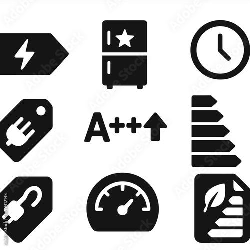 Appliance Energy Icons. Solid style icons of appliance energy ratings: energy label icon, five-star fridge badge, efficiency tier